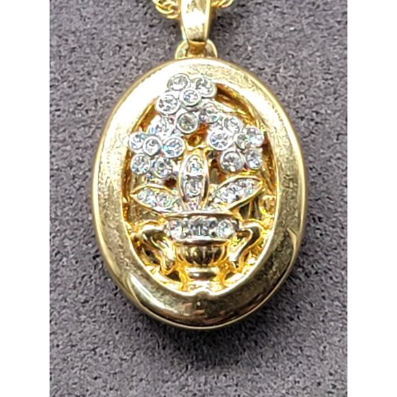 14kgp Crystal Double Locket Pendant Necklace Floral Vase Design Gold Plated 18" - Picture 5 of 12